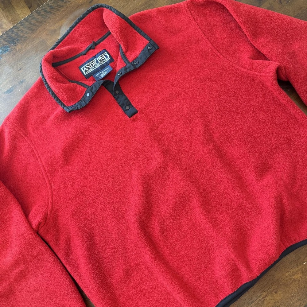 Vintage Lands' End Mens Large Red Fleece Snap Pullover USA Made Sweatshirt